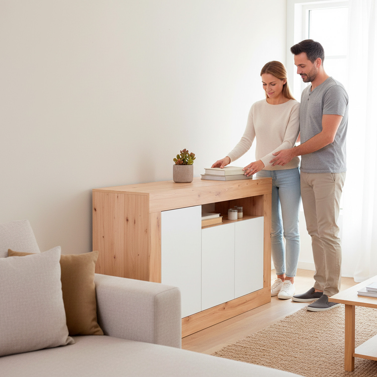 Credenza Moderna Madia A Terra Con 3 Ante Vano A Giorno E Ripiani Interni Mobile Contenitore In Melaminico Antigraffio 144x42x87 Cm Rovere e Bianco