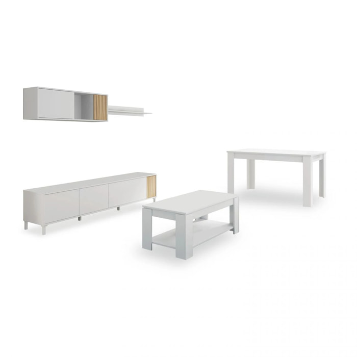Pack salón con mesa de centro y mesa de comedor Nitza Max V1A Blanco Artik (Blanco Mate) - Natur