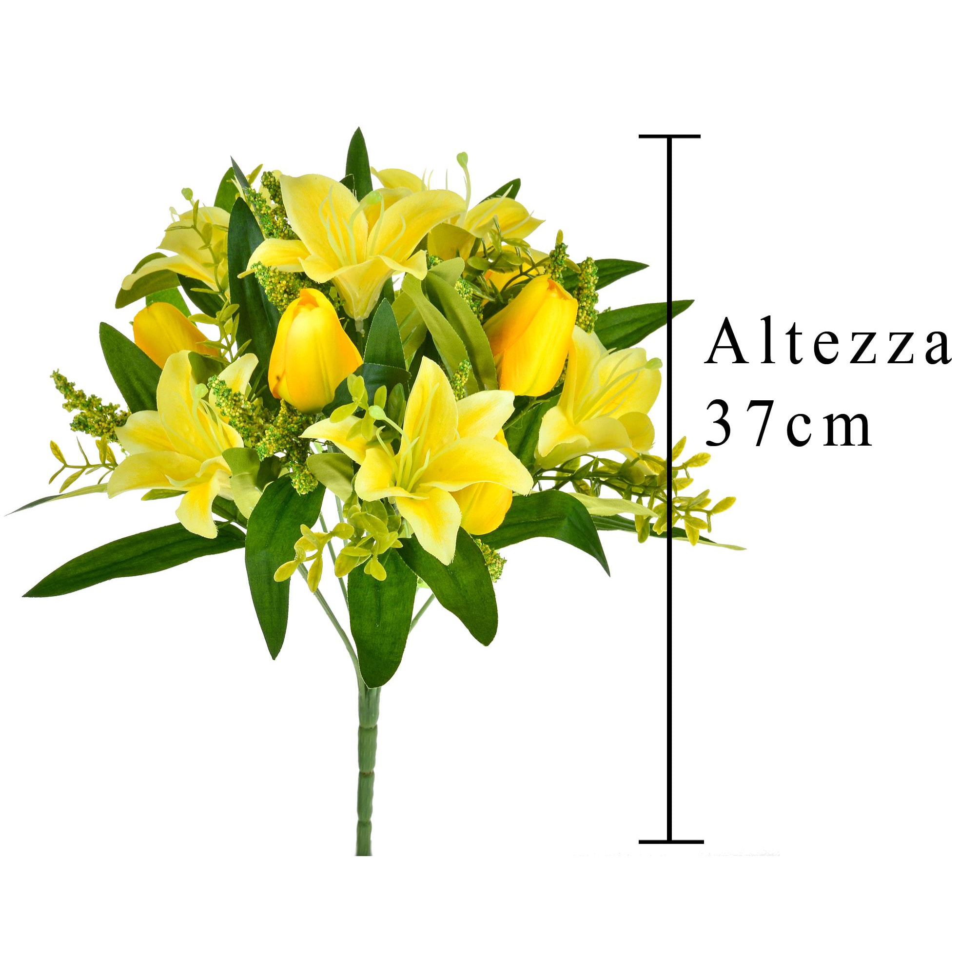 Bouquet Di Tulipani E Gigli. Altezza 37 Cm - Pezzi 6 - 18X37X5cm - Colore: Giallo - Bianchi Dino - Fiori Artificiali