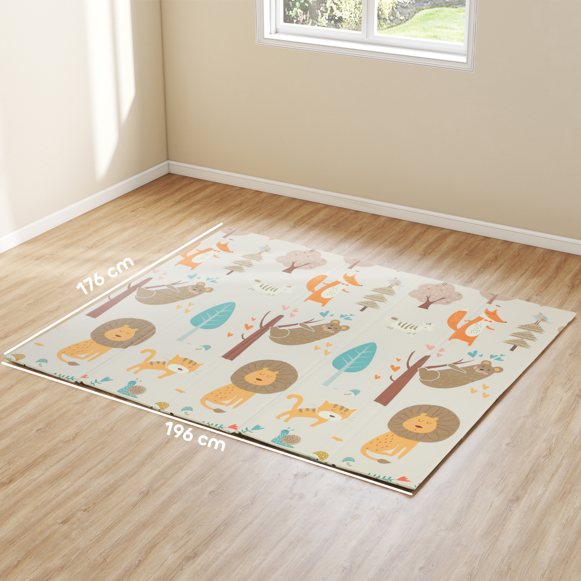 Tapis d'éveil bébé pliable épais réversible dim. 196 x 176 x 1,5 cm motifs animaux et forêts