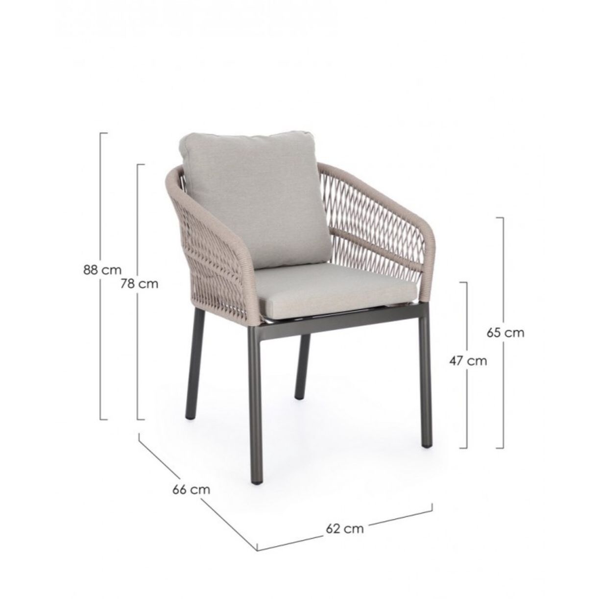 Set di 4 poltroncine GALDANA in alluminio antracite con intreccio in corda beige, con braccioli