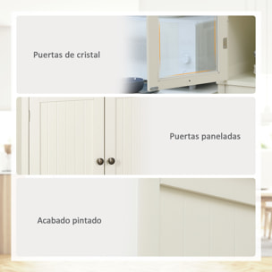 Alacena de Cocina Aparador de Comedor con 2 Puertas de Vidrio 1 Cajón y Baldas Ajustables Mueble Auxiliar de Cocina para Salón Antivuelco 76x40x182,5 cm Crema