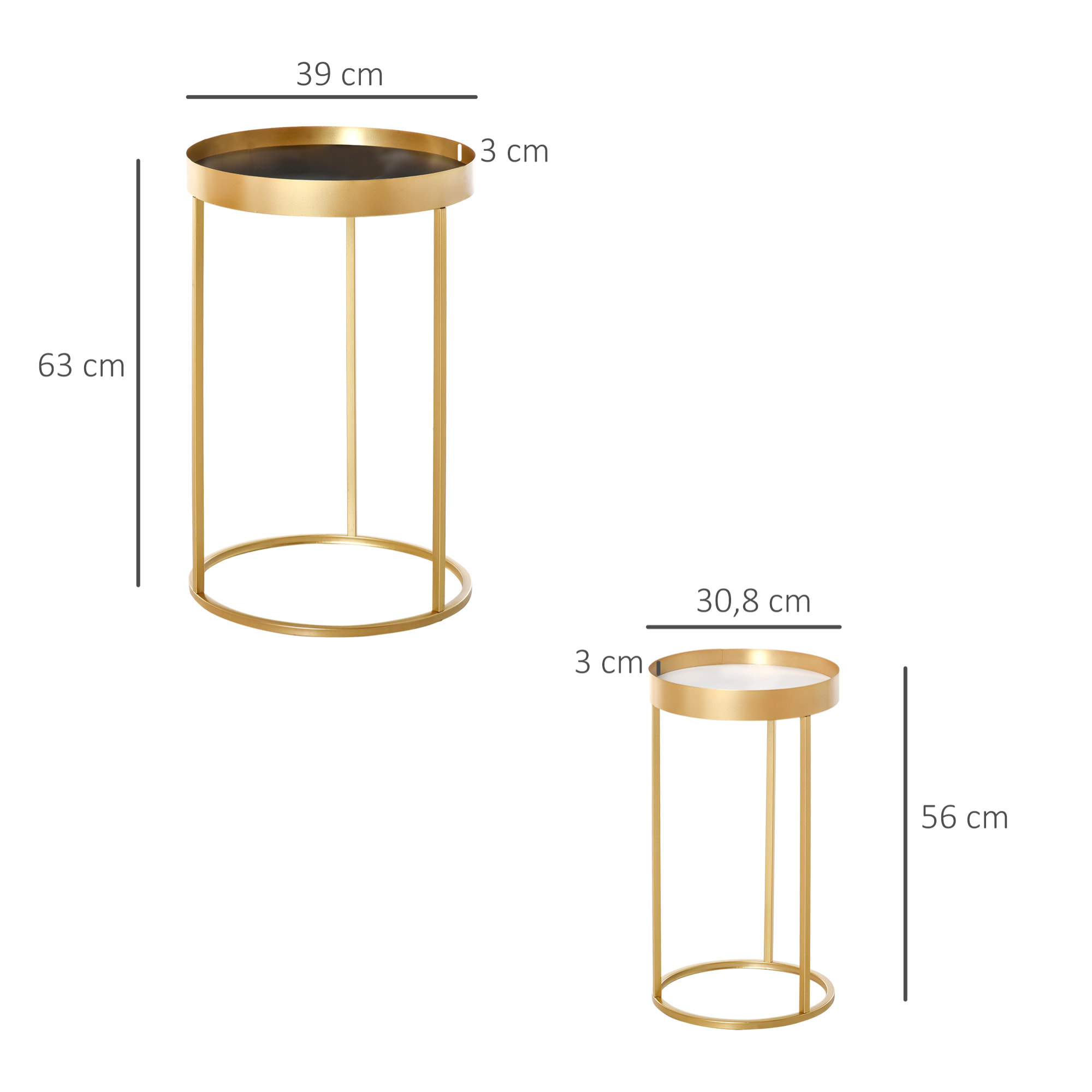 Tables gigognes lot de 2 tables basses rondes design style art déco Ø 39 et Ø 30 cm métal doré MDF blanc et noir