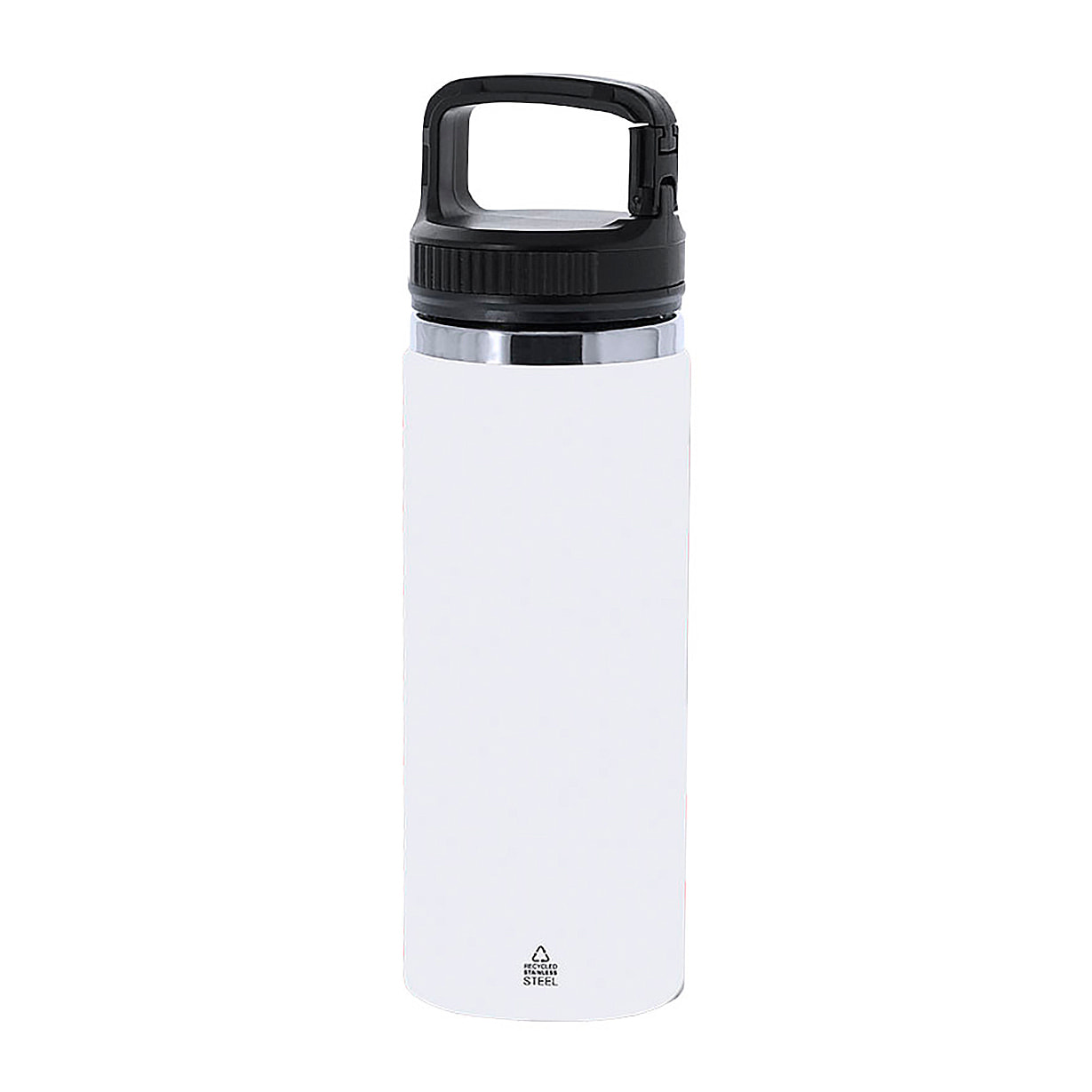 Bidón térmico de 550 ml de capacidad, en acero inox reciclado de doble pared. Cuenta con un asa funcional con doble función de mosquetón. Libre de BPA.