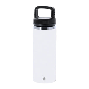 Bidón térmico de 550 ml de capacidad, en acero inox reciclado de doble pared. Cuenta con un asa funcional con doble función de mosquetón. Libre de BPA.