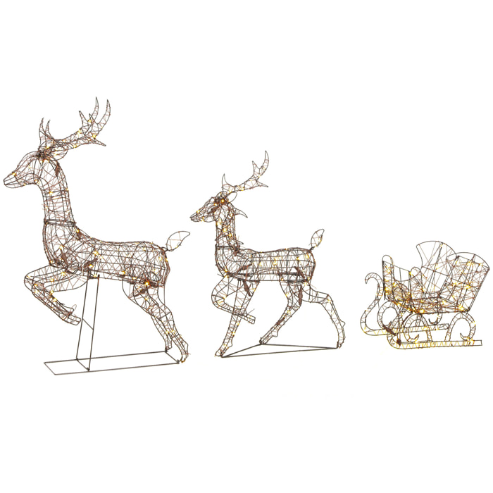 Outsunny Reno de Navidad Exterior con Trineo 3D de 3 Piezas de Ratán, Decoración Navidad Iluminada con 240 Luces LED Blanco Cálido, 8 Modos y Temporizador, 105 cm, para Interiores, Exteriores