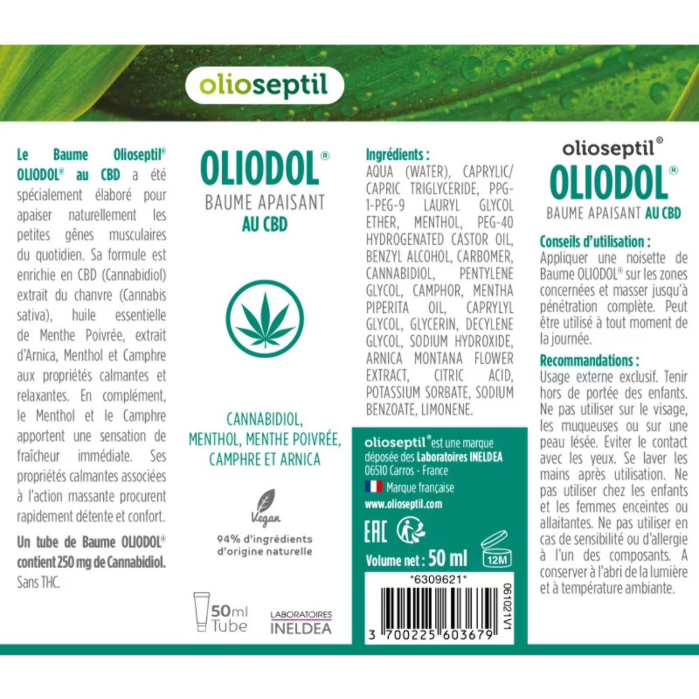 OLIOSEPTIL - Oliodol - Baume apaisant - Enrichi en Cannabidiol (CBD), menthol & huiles essentielles - Apaise les gênes musculaires - 100% Vegan - Tube 50ml