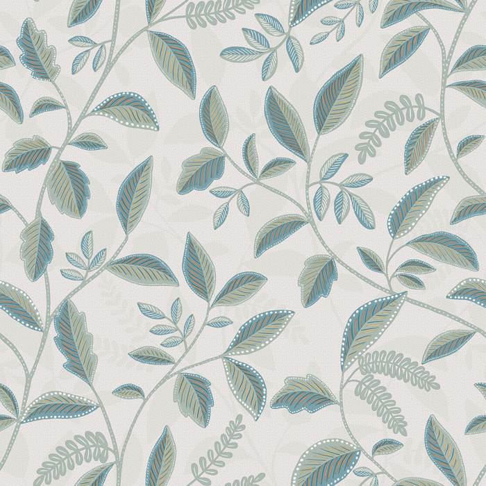 Papier peint feuillage stylisé bleu canard et or