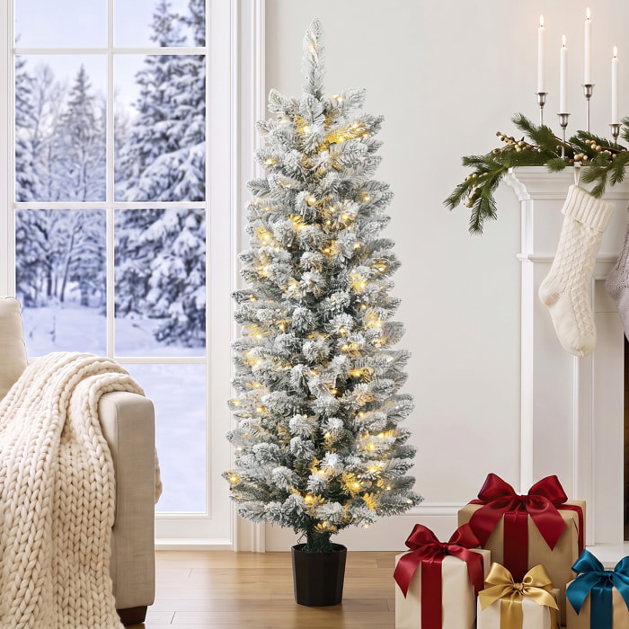Árbol de Navidad Nevado con 100 Luces LED, 120 cm, Árbol de Navidad, 8 Modos, 180 Ramas, Base Tipo Maceta, Verde y Blanco