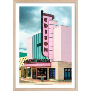 Affiche edison theater sur fond rose Affiche + cadre en bois - Chêne