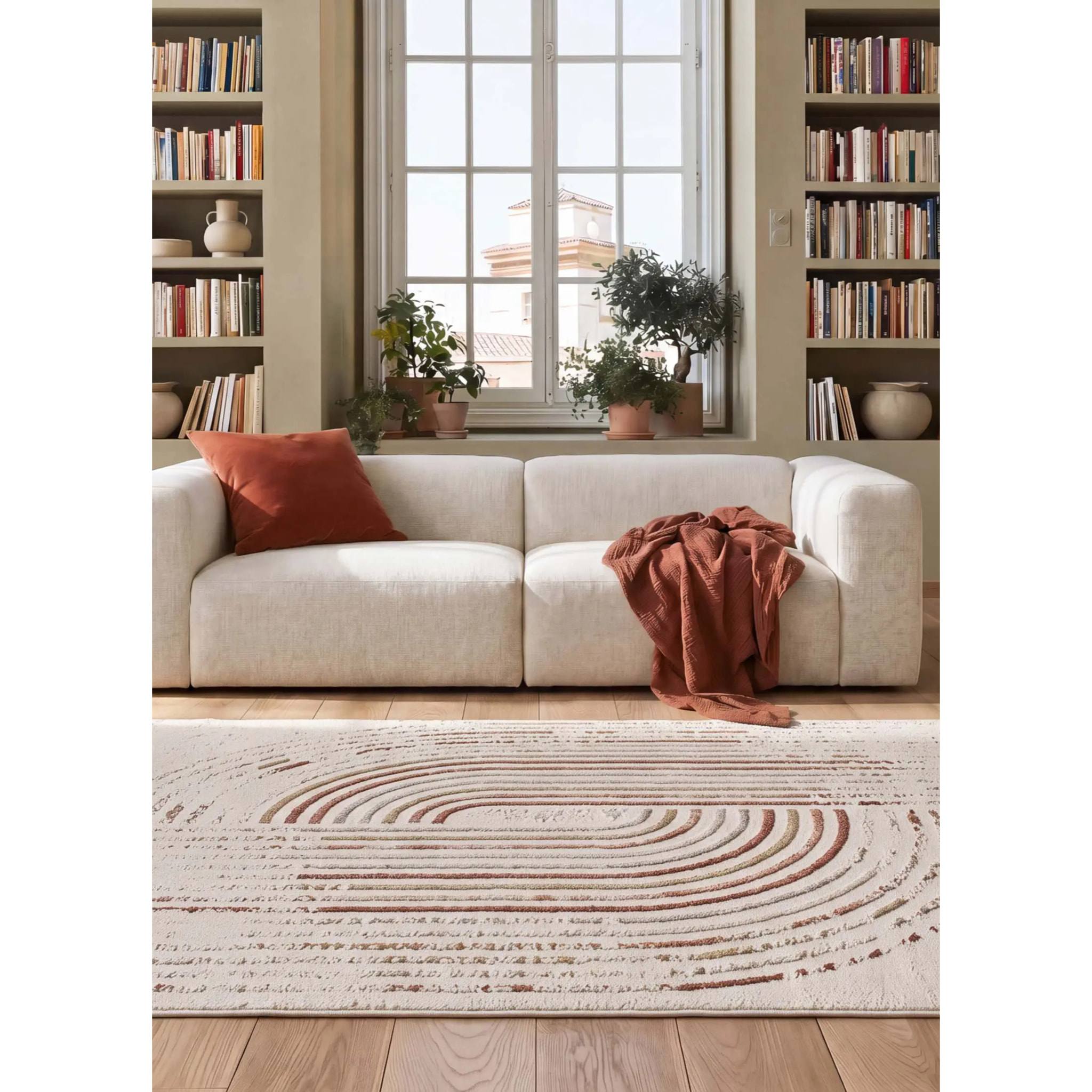 CANDELA Alfombra pelo corto geométrica con relieve crema y terracota, varias medidas disponibles