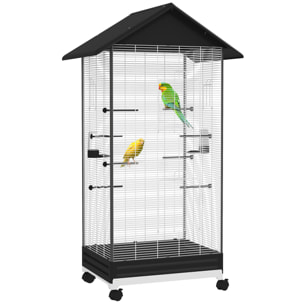 Jaula para Pájaros con Ruedas Pajarera Metálica con Bandeja Extraíble 4 Puertas 2 Comedores 8 Perchas para Canarios Periquitos 79x65x155 cm Negro
