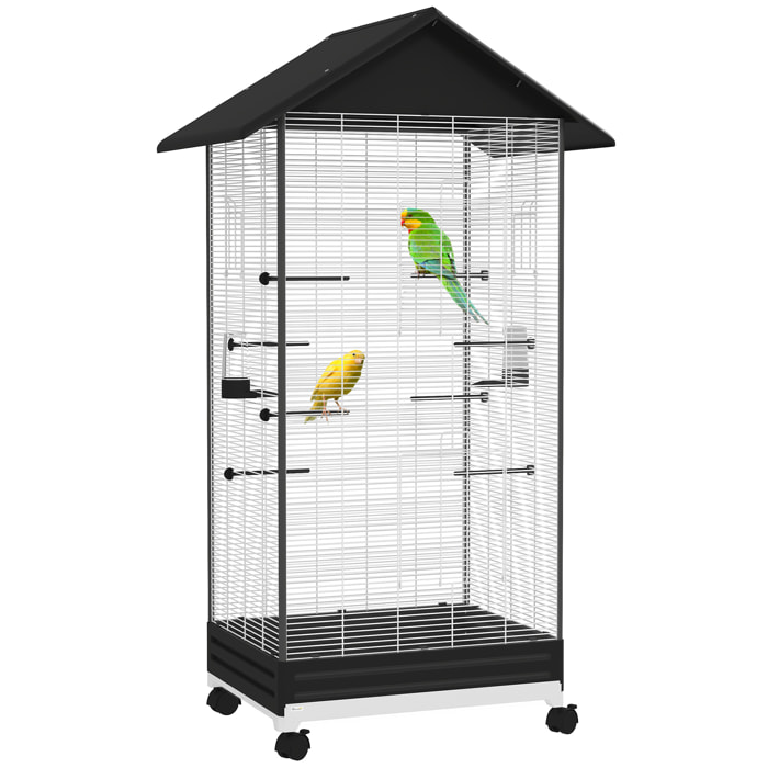 Jaula para Pájaros con Ruedas Pajarera Metálica con Bandeja Extraíble 4 Puertas 2 Comedores 8 Perchas para Canarios Periquitos 79x65x155 cm Negro