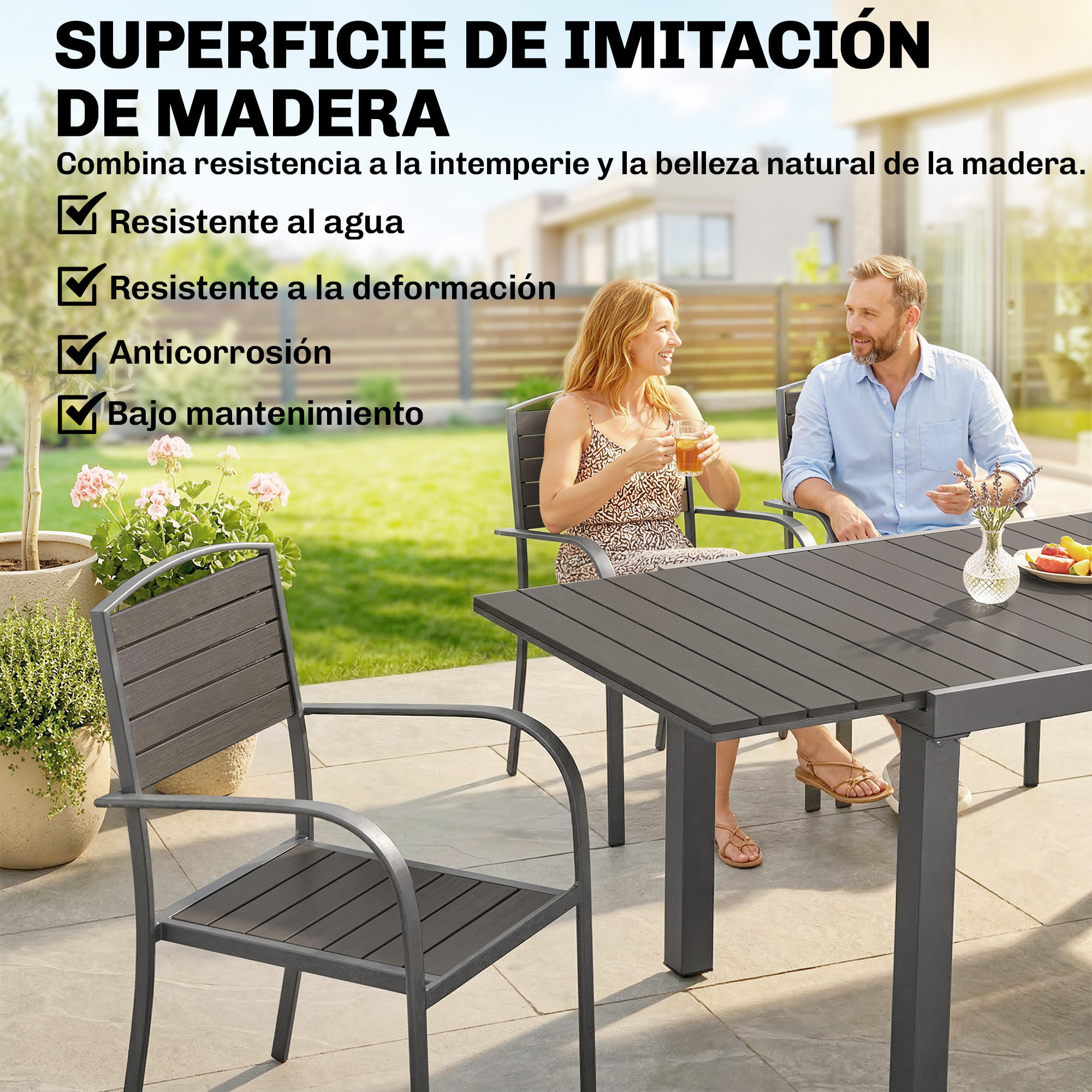 Outsunny Conjunto de Mesa y Sillas Jardín de 9 Piezas, Muebles Jardín Exterior con Mesa Extensible 150 a 225 cm, Estructura de Aluminio, 8 Sillas Apilables, Tablero de Lamas de Madera Plástica, Gris