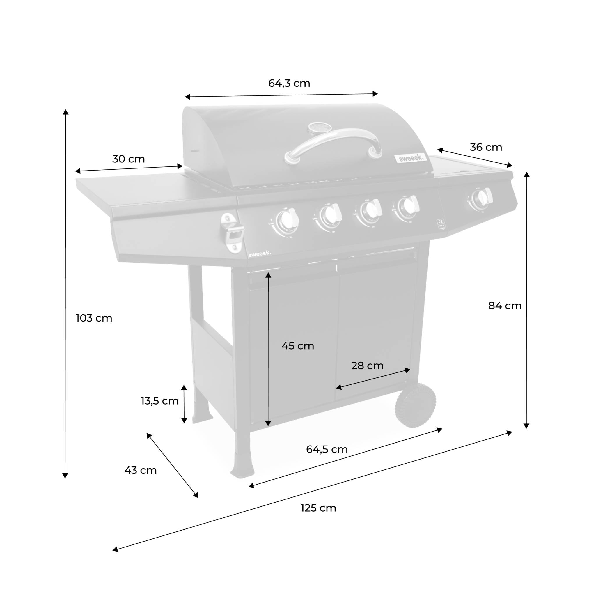 Barbecue gaz 4 brûleurs + 1 feu latéral avec roues, tablettes, thermomètre et housse TREVILLE 4 AVEC HOUSSE