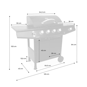Barbecue gaz 4 brûleurs + 1 feu latéral avec roues, tablettes, thermomètre et housse TREVILLE 4 AVEC HOUSSE