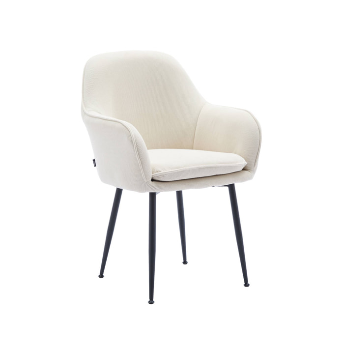 Fauteuil en velours côtelé blanc cassé et pieds en métal noir mat. L 57 x P 59 x H 84.5