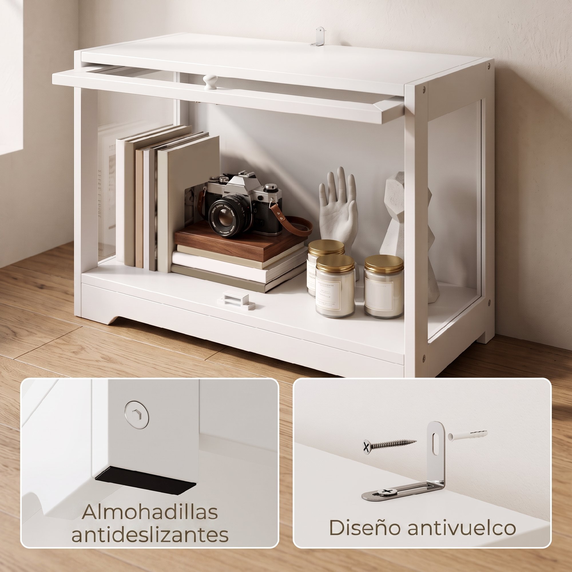 Vitrina Expositora para Colecciones, Vitrina con Puerta Abatible de Acrílico, Anti-vuelco, Armario Auxiliar para Perfumes, Figuras de Decoración, 59x30x40 cm, Blanco