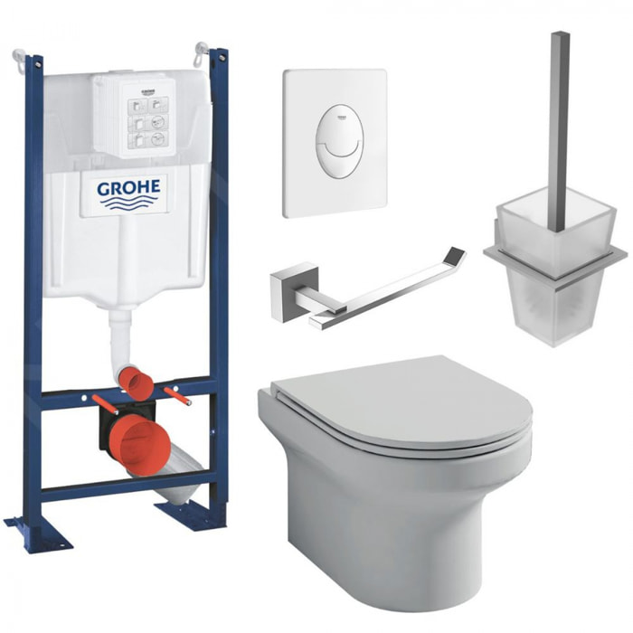 Pack WC suspendu sans bride  Elite + Bâti support GROHE Rapid SL + plaque Quickfix + Porte-balai + Porte-rouleau