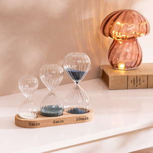 Set 3 sabliers H.15cm verre avec plateau bois