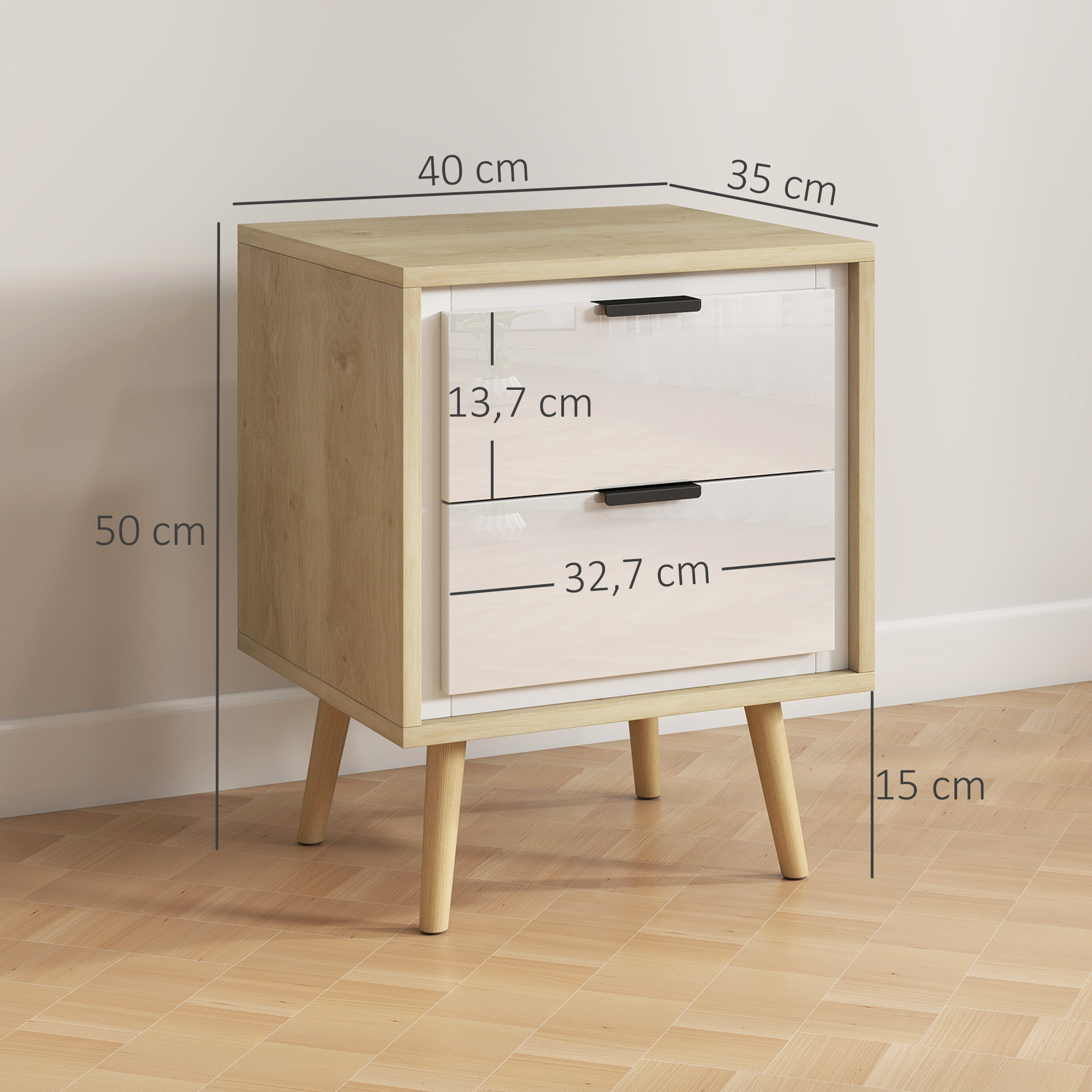 Juego de 2 Mesitas de Noche Modernas, Mesillas de Noche con 2 Cajones con Deslizamiento Silencioso, Patas de Madera, para Dormitorio, Salón, 40x35x50 cm, Blanco Brillo y Roble