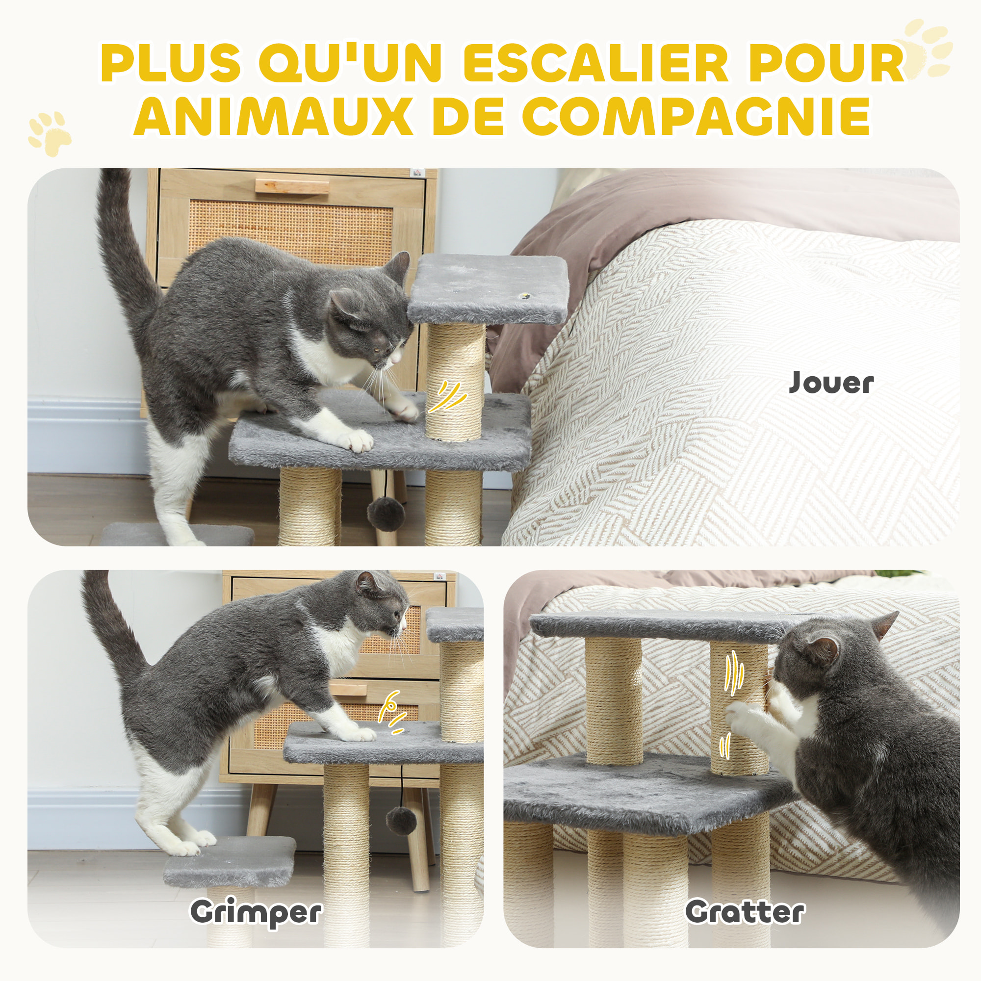 Escalier pour chat 3 marches - 6 poteaux griffoirs, jeu boule suspendue - sisal peluche gris