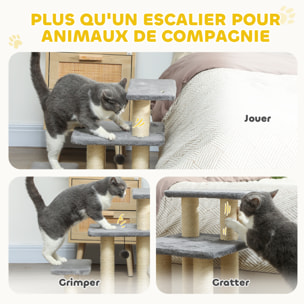 Escalier pour chat 3 marches - 6 poteaux griffoirs, jeu boule suspendue - sisal peluche gris