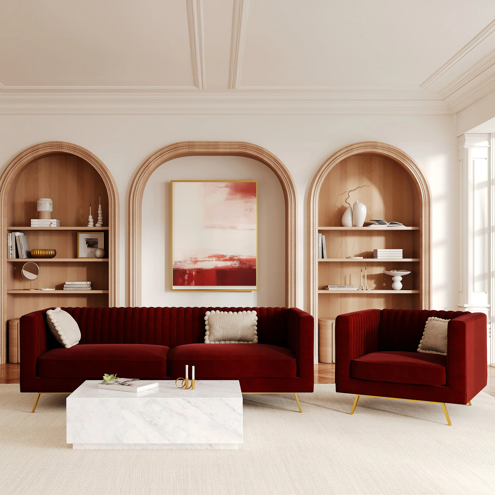 Fauteuil en velours bordeaux et pieds en métal doré - Gatsby