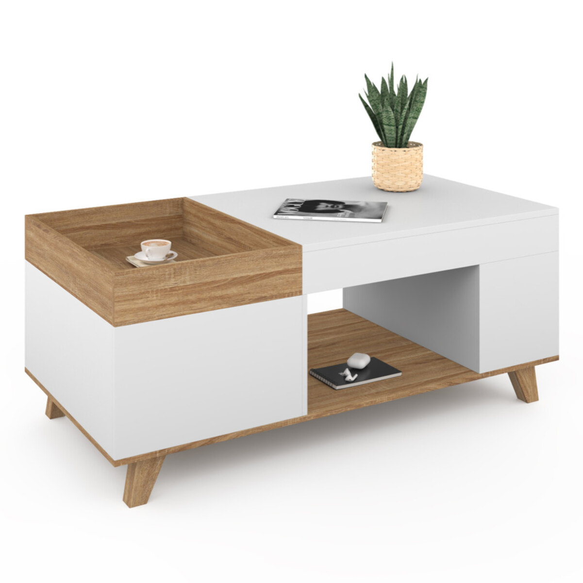 Table basse Stella relevable et double coffre bois et blanc