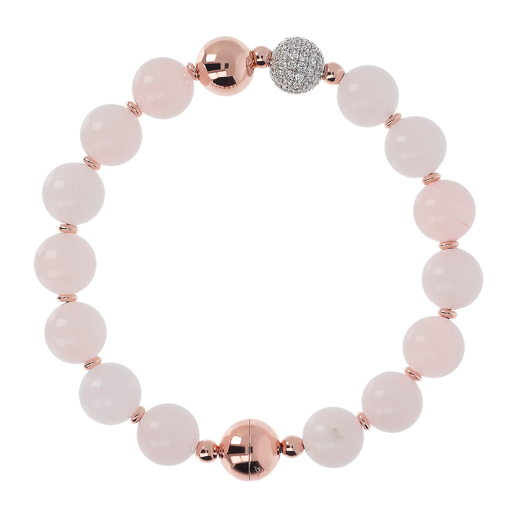 Bracciale con Sfere in Quarzo Rosa e Pavé di Cubic Zirconia