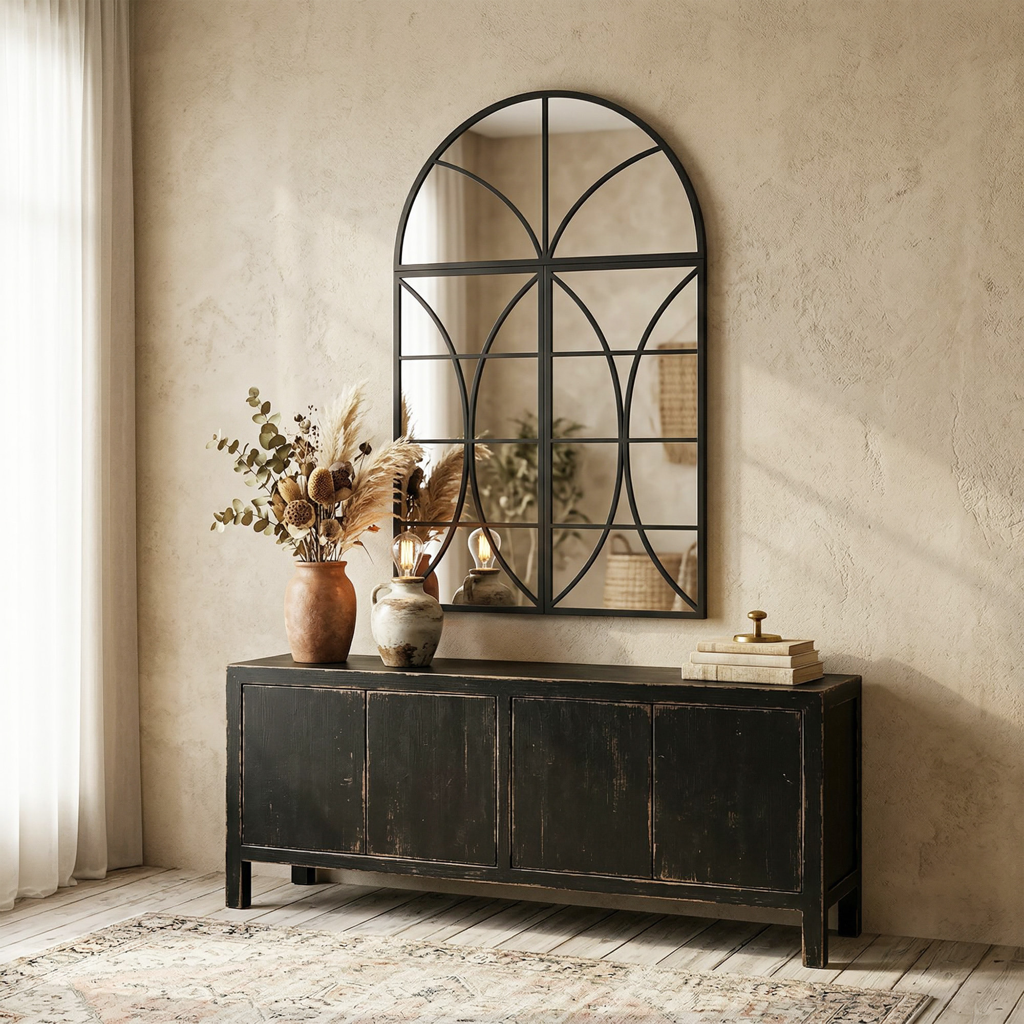 Miroir mural aspect verrière style classique chic 3 pièces métal noir verre 3 mm