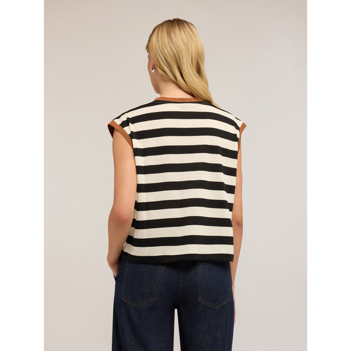 Motivi - T-shirt smanicata a righe - Nero