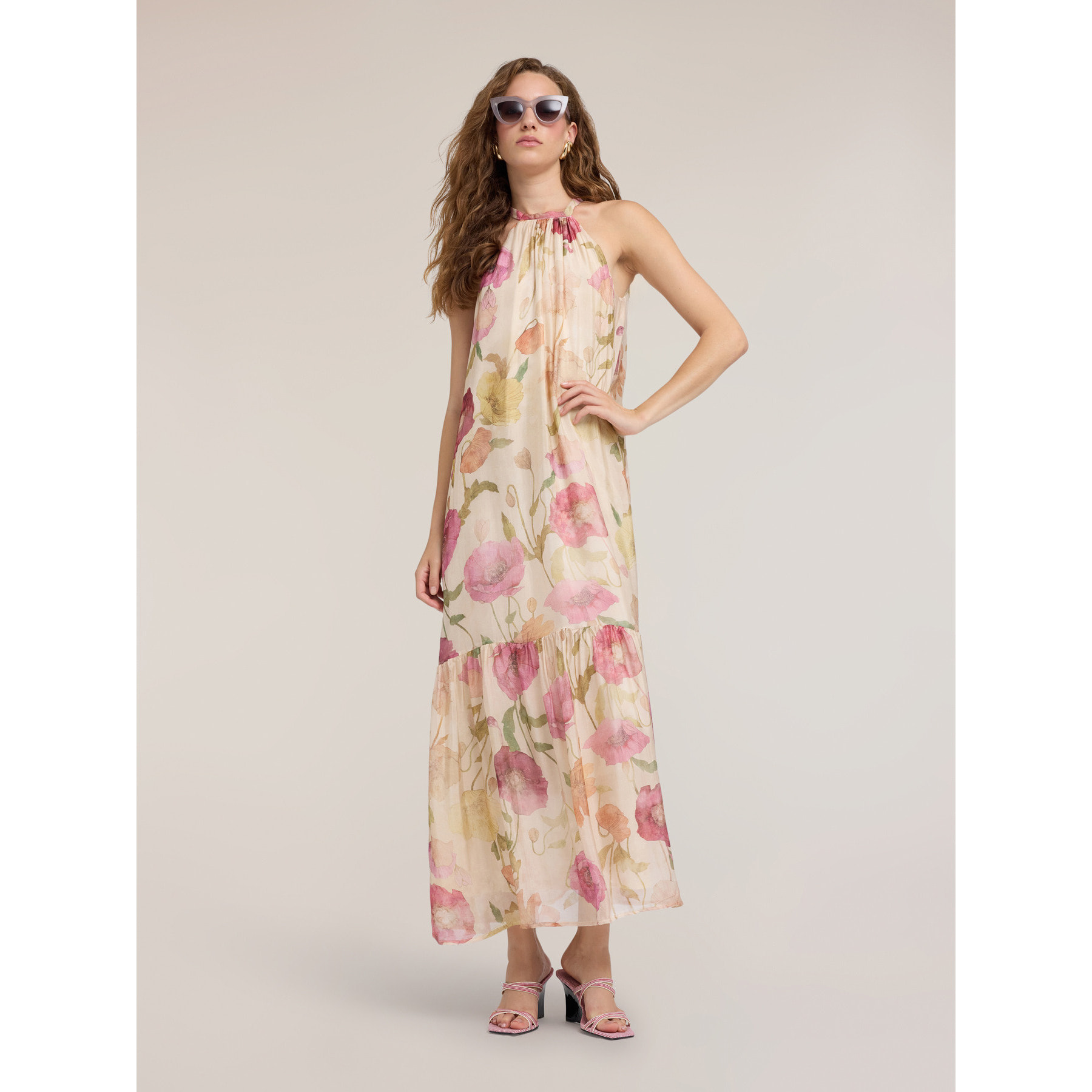 Motivi - Vestido largo de gasa con estampado - Beige