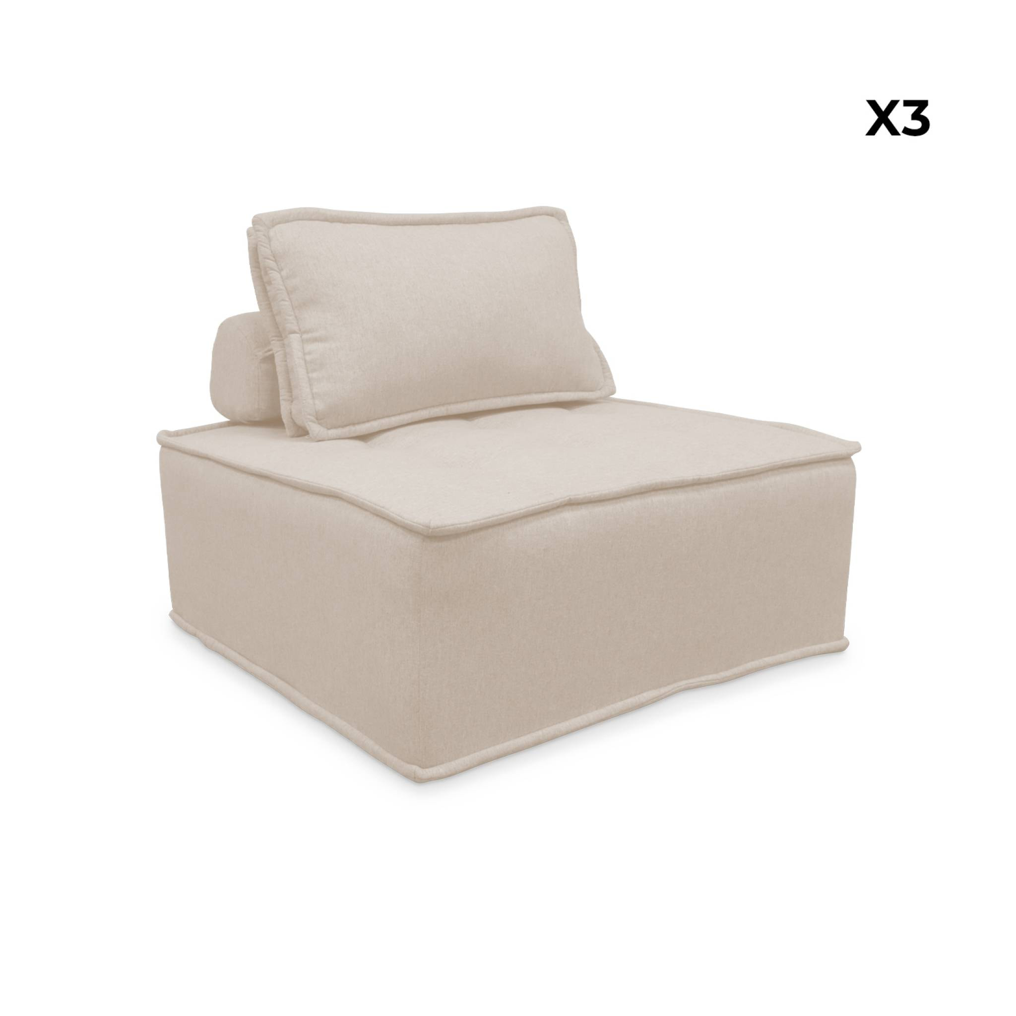 Lot de 3 chauffeuses pour canapé modulables tissu capitonné crème avec 1 coussin