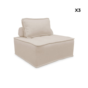 Lot de 3 chauffeuses pour canapé modulables tissu capitonné crème avec 1 coussin