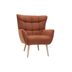 Fauteuil scandinave en tissu effet velours texturé terre brûlée et bois clair AVERY