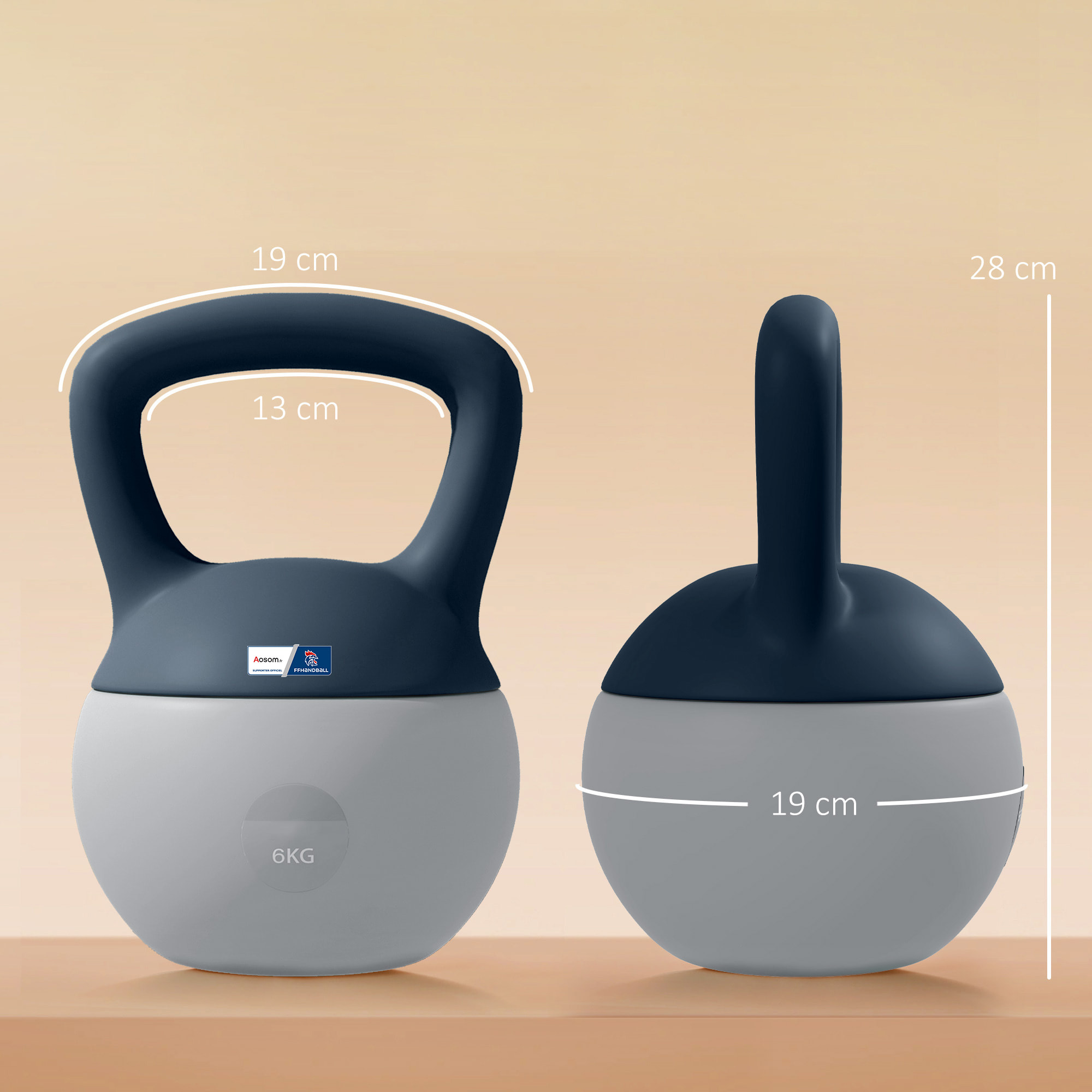 Kettlebell 6 Kg collaboration Aosom.fr x FFHandball - prise ergonomique - PVC gris jaune