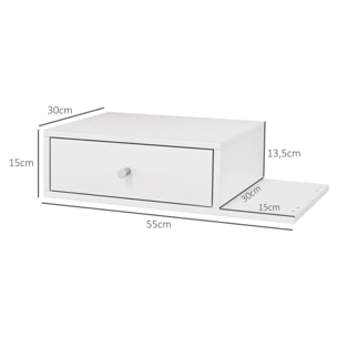 Lot de 2 chevets tables de nuit murales - tiroir coulissant, étagère latérale - dim. 55l x 30P x 15H cm - finition blanche raffinée avec des poignées rondes argentées