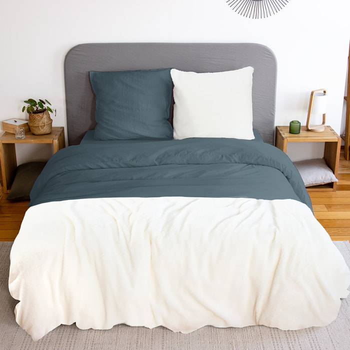 Parure housse de couette 3PCS en MICROFIBRE LAVEE, SHERPA - BLEU