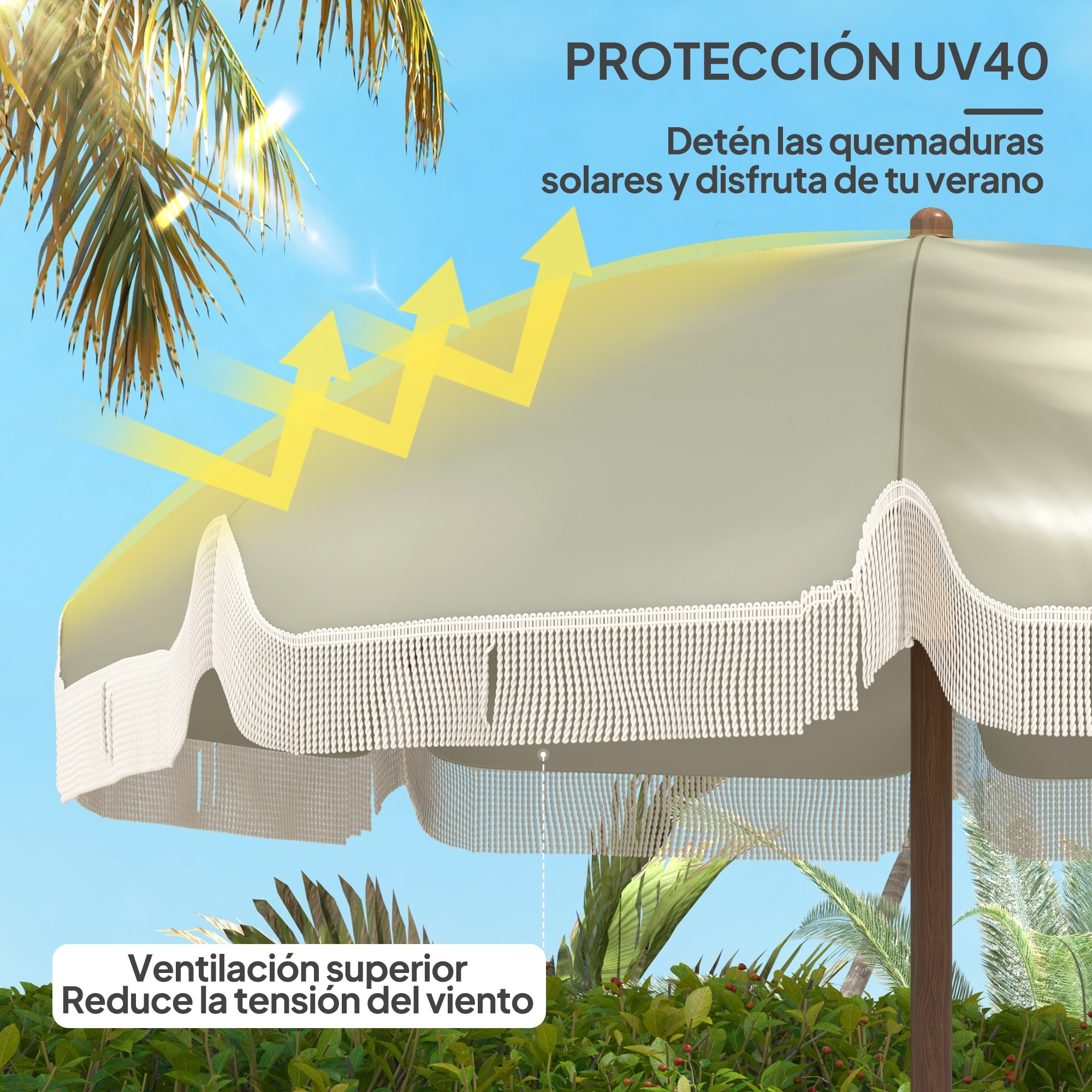 Sombrilla de Playa Grande con Flecos Ø190 cm Sombrilla de Terraza Exterior con Protección UV40+ Antiviento Impermeable Mástil de Ø32 mm y Bolsa de Transporte Verde Oliva Claro