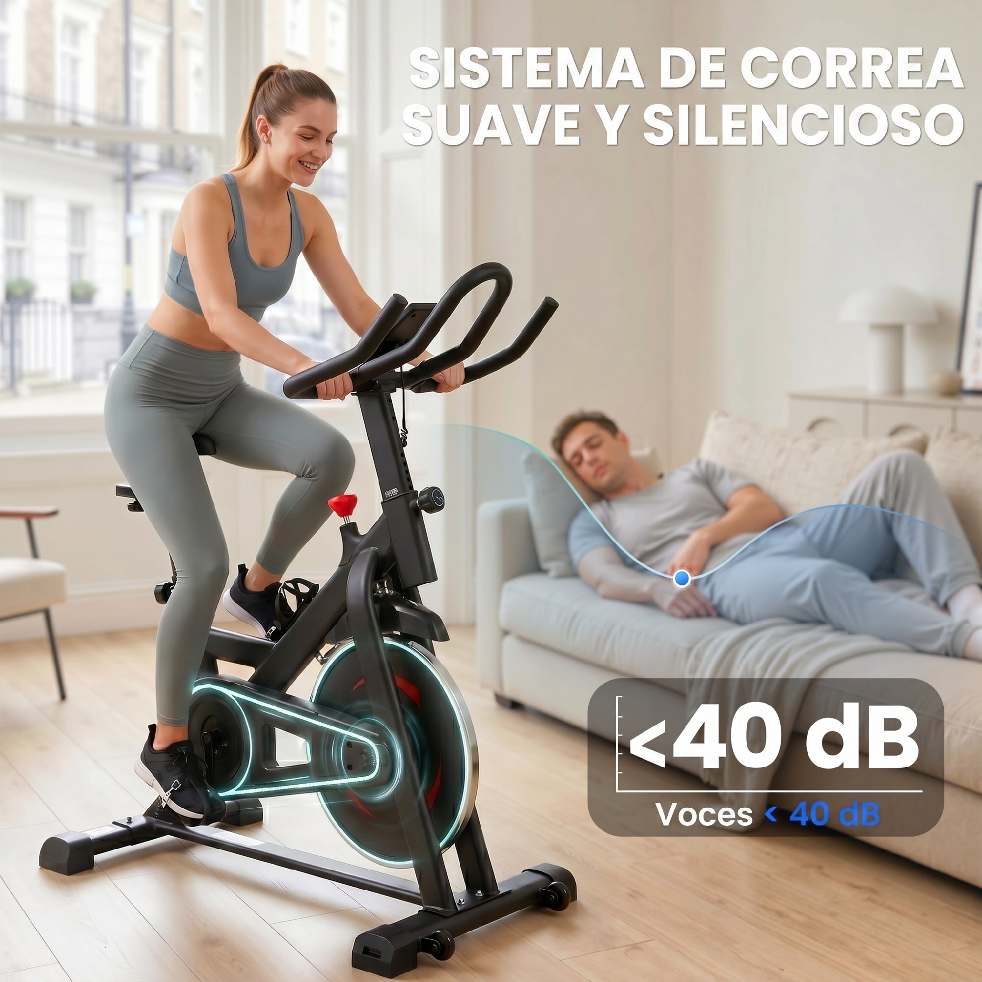 Bicicleta Estática en Casa con Resistencia Magnética, APP Bluetooth, Bici Estática Silenciosa con Pantalla LCD, Volante, Asiento y Manillar Ajustables, Ruedas, Soporte Teléfono, Portabotellas
