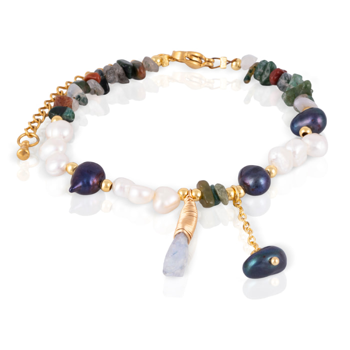 Pulsera de cristales naturales, turmalina, perlas y cierre de mosquetón.