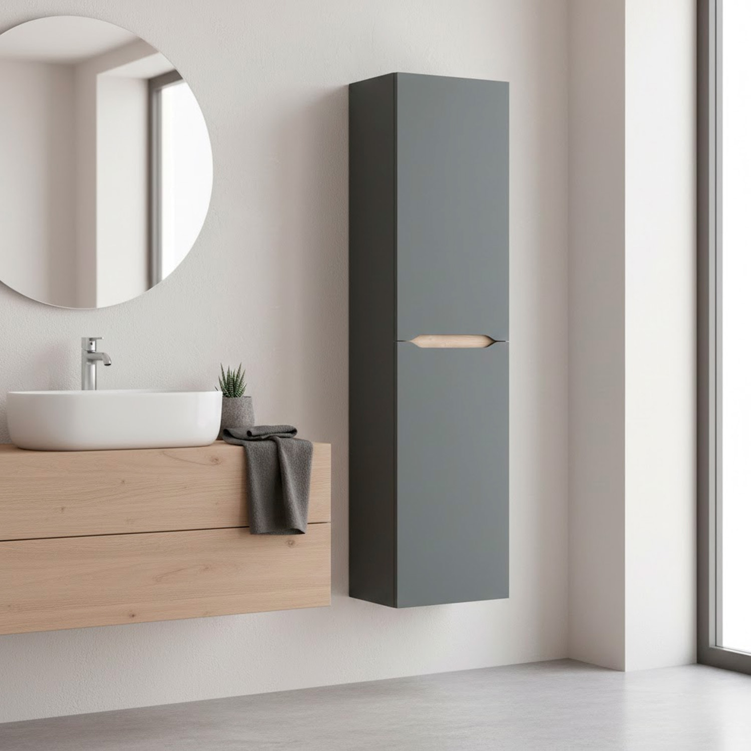 Colonna Da Bagno Sospesa Con 2 Ante E 2 Mensole Regolabili Mobile Alto In Melaminico Con Chiusura Assistita 135 x 31 x 26 Cm Grigio Antracite E Rovere
