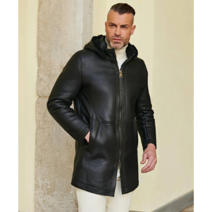 Cappotto montone nero Shearling uomo cappuccio staccabile