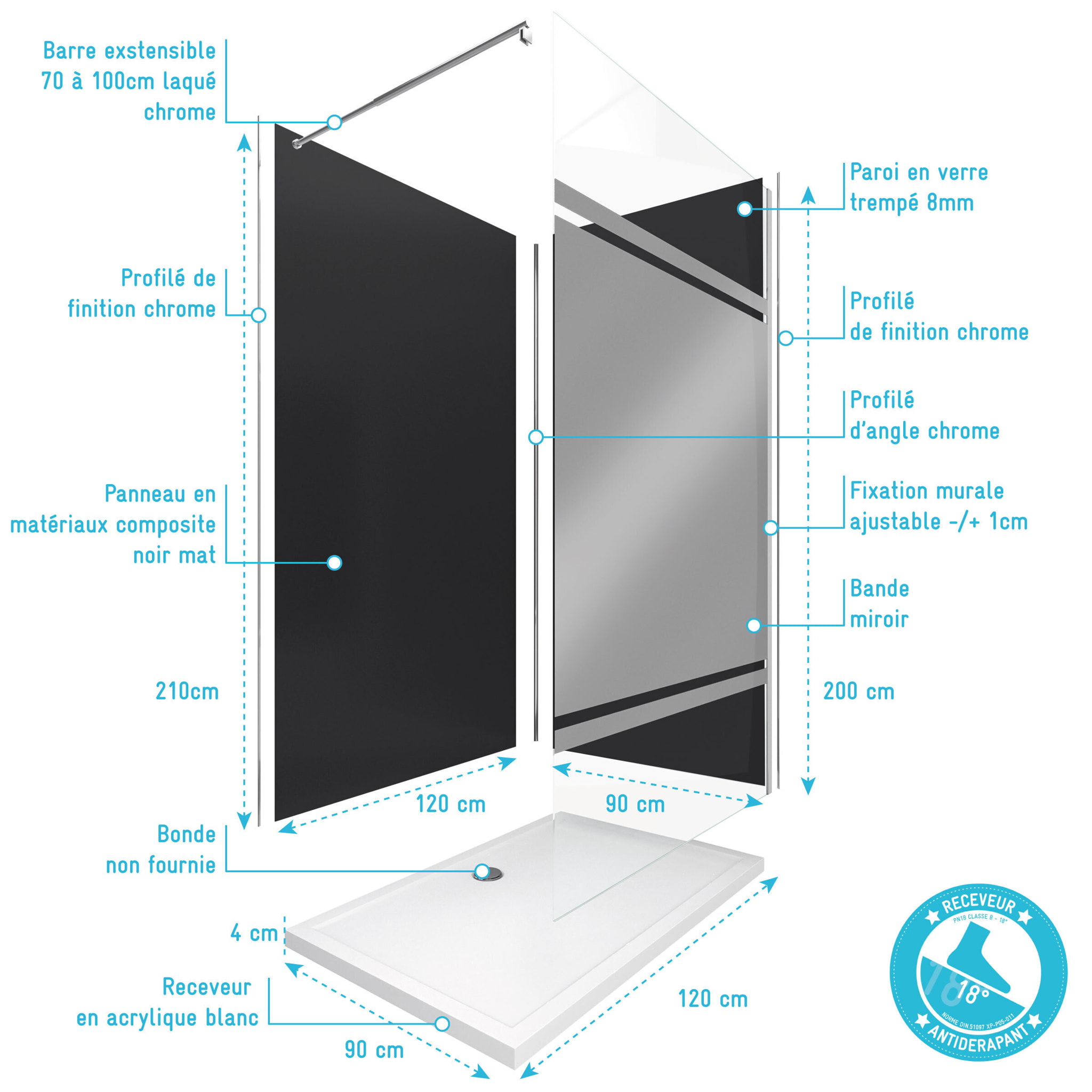 Pack Douche a l'Italienne 90x120 - Kit Panneaux Muraux Noir/Chrome + Receveur + Paroi Miroir 8 mm
