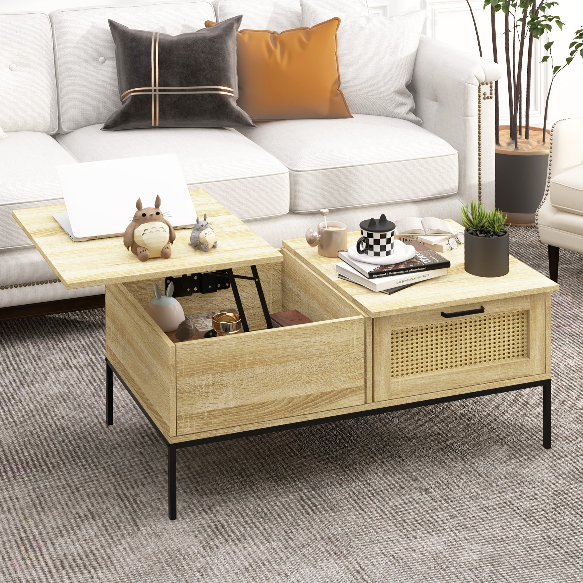 Table basse relevable style bohème chic - 2 tiroirs, compartiment - aspect cannage rotin PVC panneaux aspect bois clair