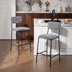 Lot de 2 tabourets de bar style vintage assise large dossier haut acier noir tissu chenille gris