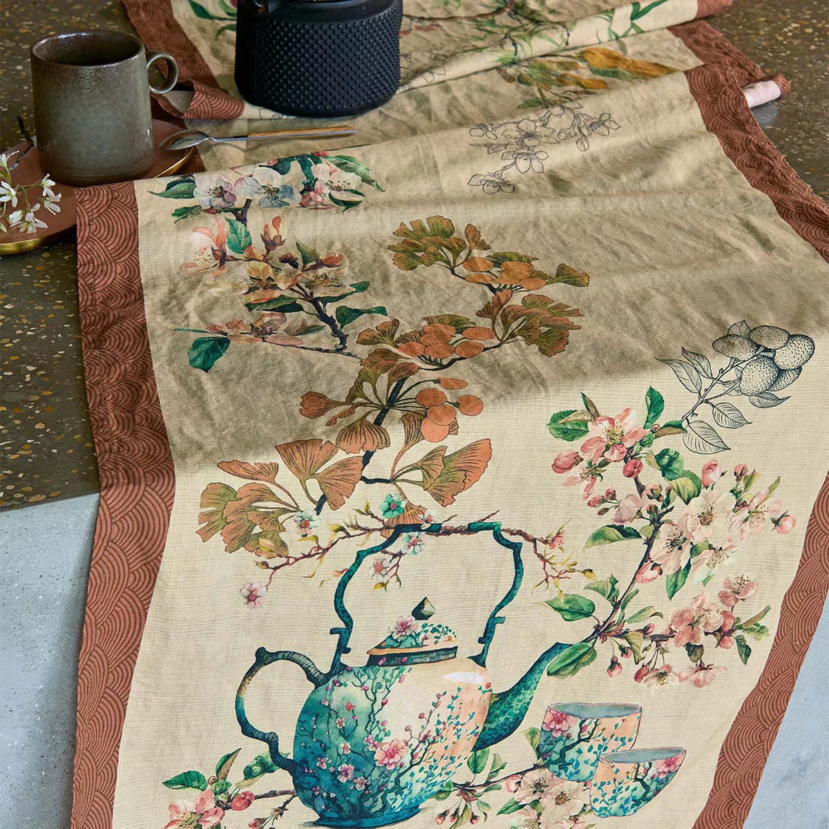 Chemin de table lin & coton lavé 190 g/m² imprimé vert orange Theieres rouille