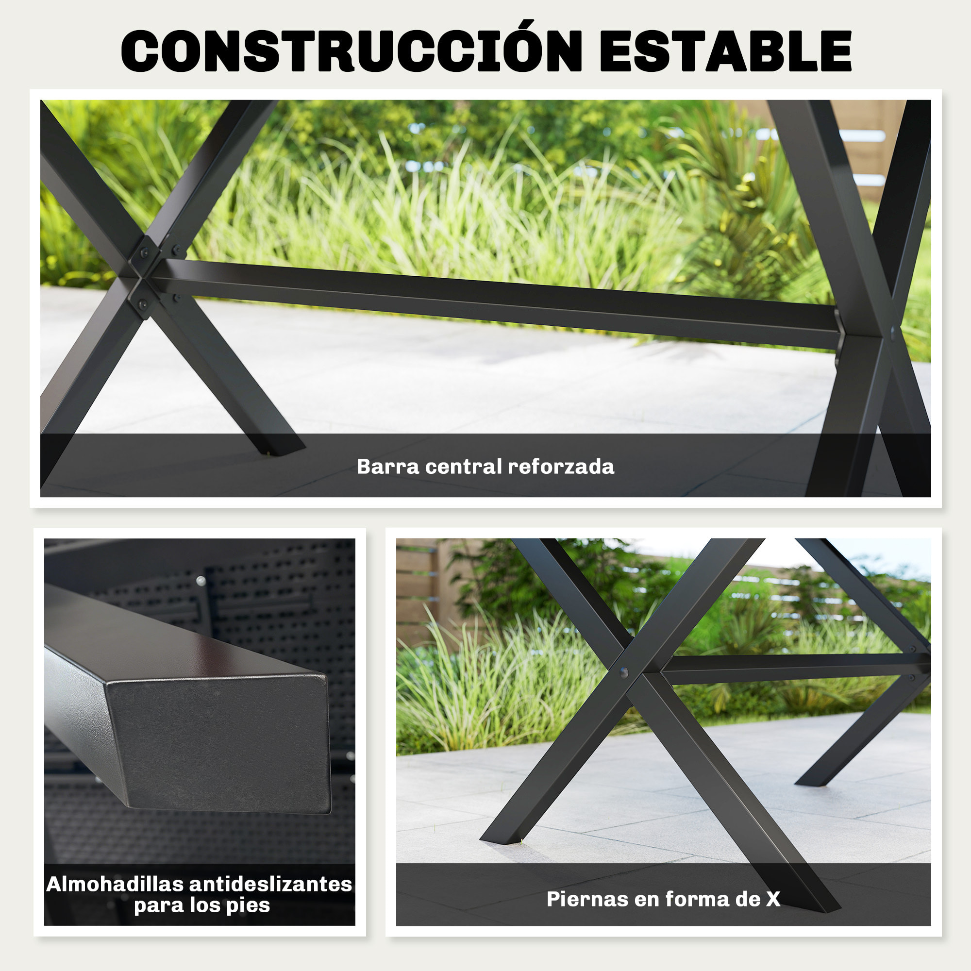 Mesa de Comedor de Jardín Rectangular, Mesa de Terraza Exterior 150x90x74 cm, con Encimera de HDPE de Listones y Estructura Metálica, para 6 Personas, Carga 50 kg, para Patio, Balcón, Negro