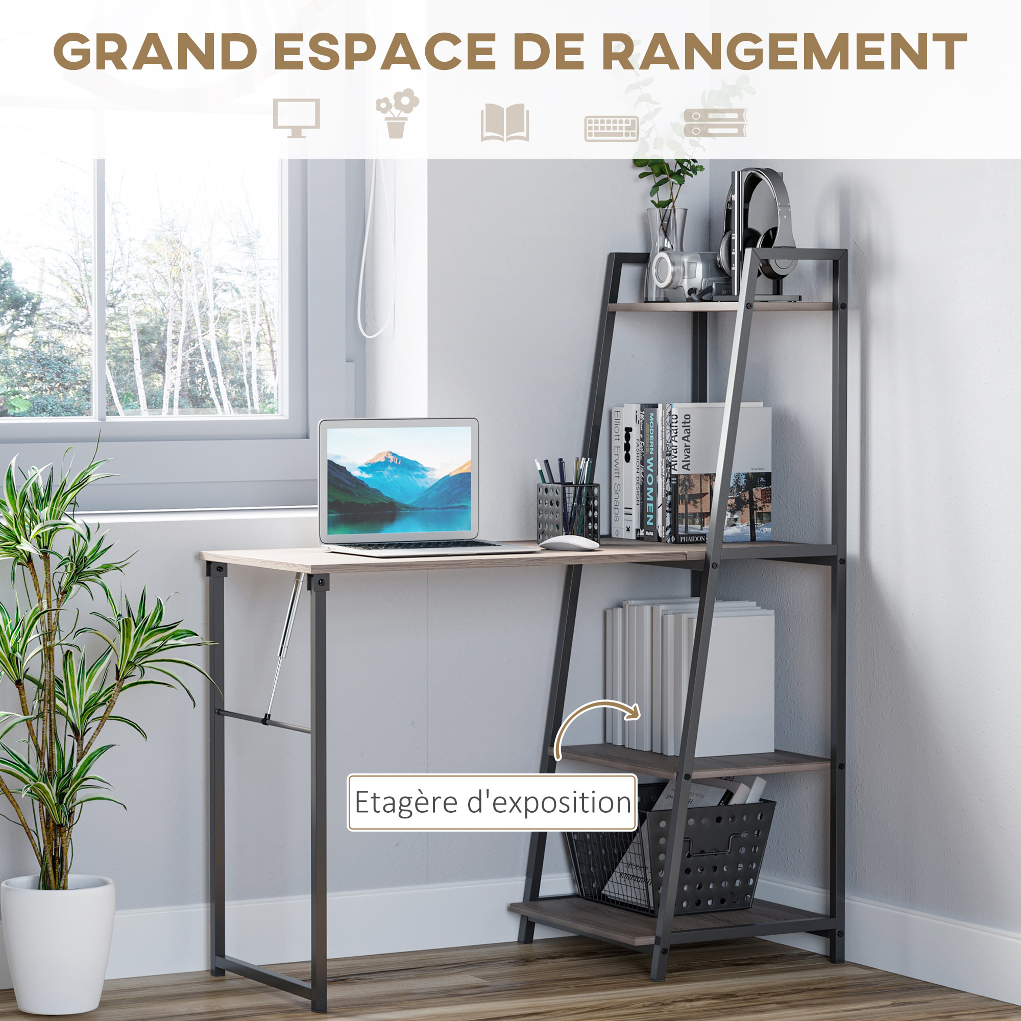 Bureau pliable rabattable - bureau bibliothèque 2 en 1 - 4 étagères - imitation bois gris métal noir